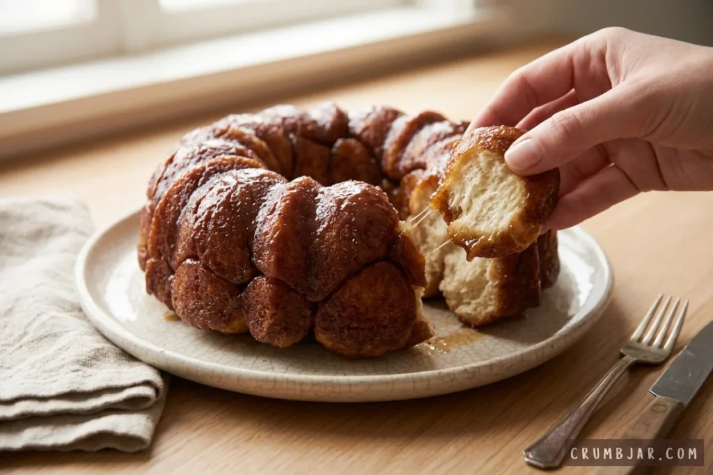 A hand pulling apart a piece of warm, caramel-glazed homemade monkey bread served on a white ceramic plate.