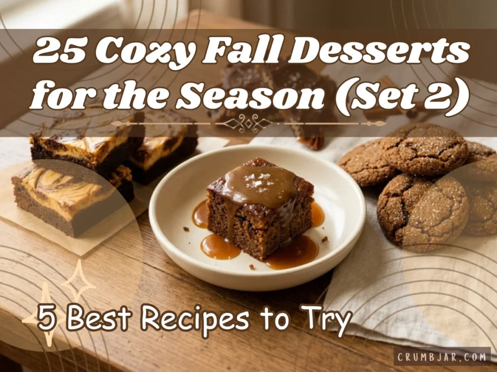 An assortment of cozy fall desserts including pumpkin cheesecake brownies, sticky toffee pudding cake drizzled with caramel, and spiced molasses cookies, with text overlay reading "25 Cozy Fall Desserts for the Season (Set 2): 5 Best Recipes to Try".