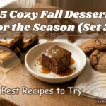 An assortment of cozy fall desserts including pumpkin cheesecake brownies, sticky toffee pudding cake drizzled with caramel, and spiced molasses cookies, with text overlay reading "25 Cozy Fall Desserts for the Season (Set 2): 5 Best Recipes to Try".