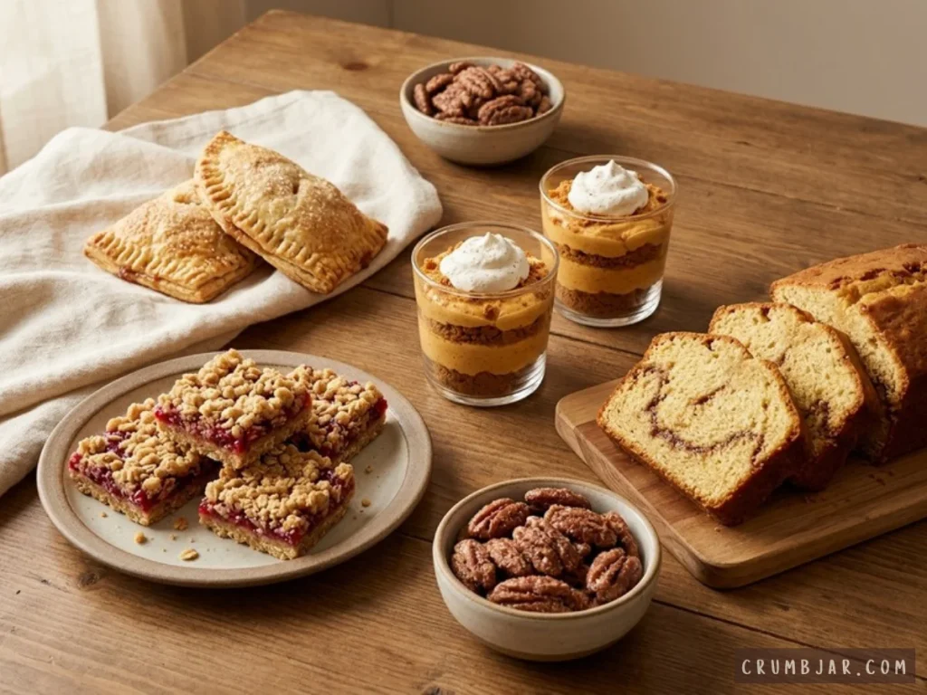A variety of cozy fall desserts including apple hand pies, cranberry oat bars, pumpkin mousse parfaits, cinnamon swirl loaf cake, and candied pecans on a wooden table.