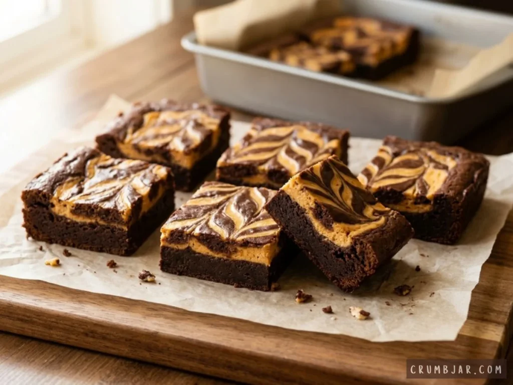 Rich, fudgy pumpkin cream cheese swirl brownies cut into squares on parchment paper with a baking pan in the background.