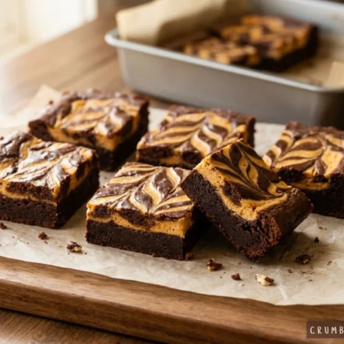 Rich, fudgy pumpkin cream cheese swirl brownies cut into squares on parchment paper with a baking pan in the background.