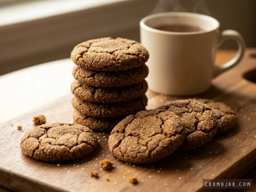 A stack of soft-baked molasses ginger cookies coated in sparkling sugar on a wooden board next to a steaming mug of tea.