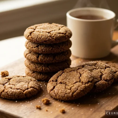A stack of soft-baked molasses ginger cookies coated in sparkling sugar on a wooden board next to a steaming mug of tea.