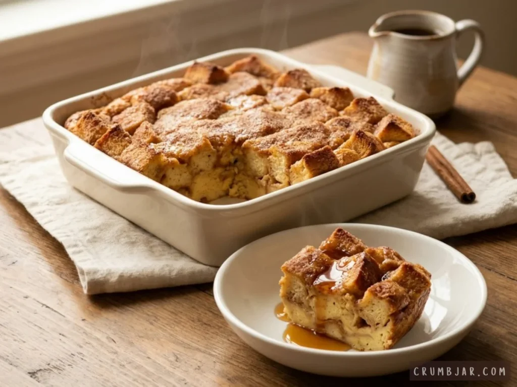 A warm slice of baked maple cinnamon bread pudding drizzled with maple syrup served next to the baking dish.