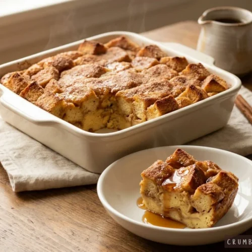 A warm slice of baked maple cinnamon bread pudding drizzled with maple syrup served next to the baking dish.