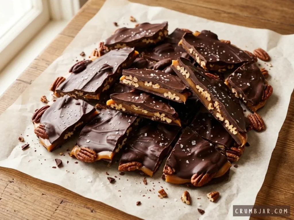 Broken pieces of caramel pecan turtle bark topped with dark chocolate and flaky sea salt arranged on parchment paper.
