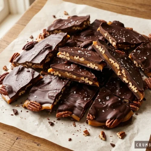 Broken pieces of caramel pecan turtle bark topped with dark chocolate and flaky sea salt arranged on parchment paper.