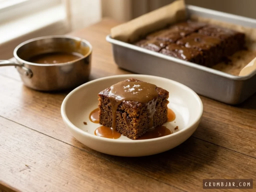 A slice of warm sticky toffee pudding cake drizzled with toffee sauce and sprinkled with flaky sea salt in a shallow dish.