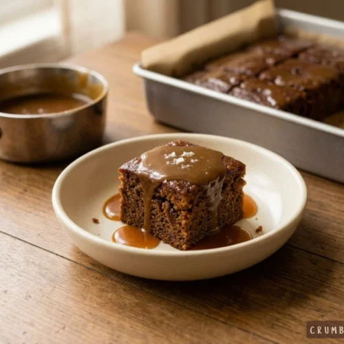 A slice of warm sticky toffee pudding cake drizzled with toffee sauce and sprinkled with flaky sea salt in a shallow dish.