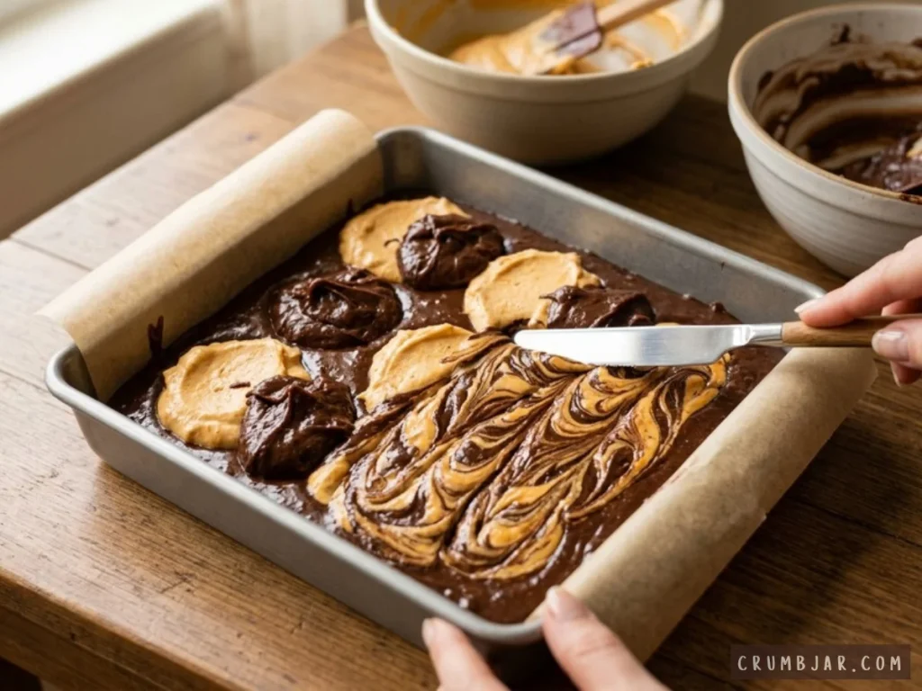 Swirling pumpkin cheesecake batter into rich chocolate brownie batter with a knife in a parchment-lined metal baking pan.