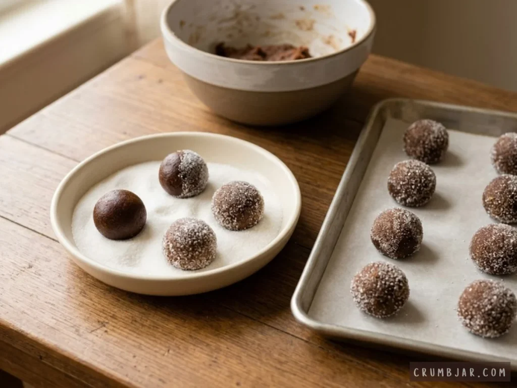 Rolling balls of molasses ginger cookie dough in granulated sugar before arranging them on a baking sheet lined with parchment paper.