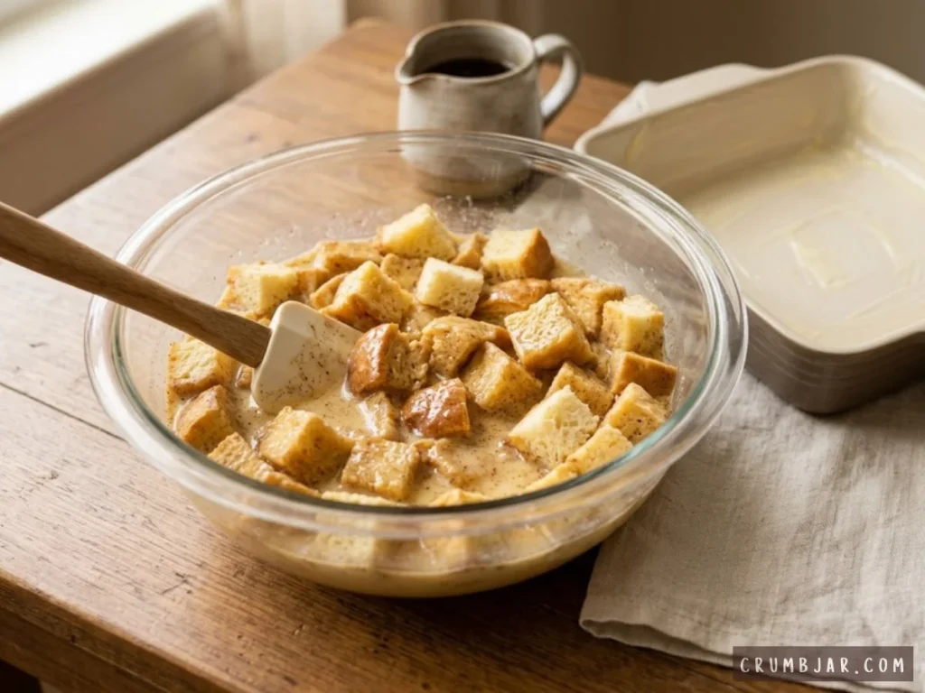 Soaking cubed bread pieces in a spiced maple custard mixture in a glass bowl with a spatula before baking bread pudding.