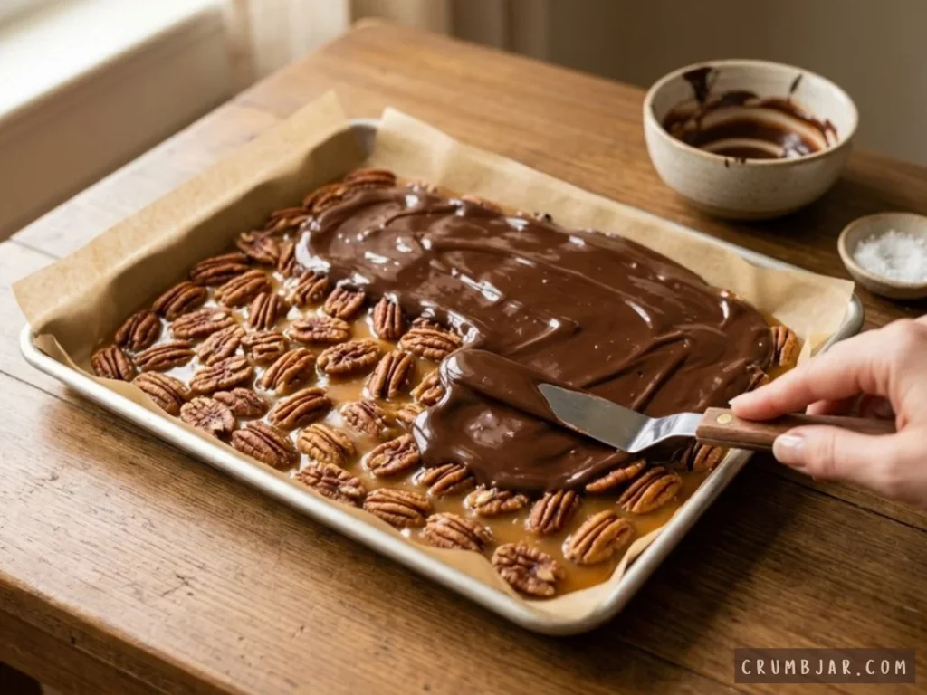 Spreading smooth, melted chocolate over a layer of caramel and pecan halves on a parchment-lined baking sheet using an offset spatula.