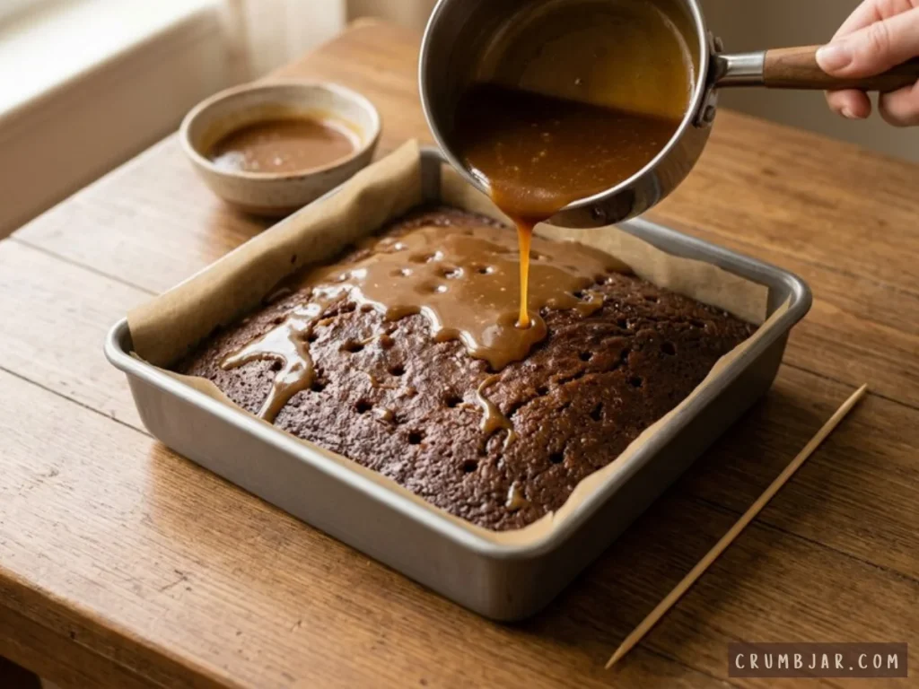 Pouring warm toffee sauce from a saucepan over freshly baked, poked sticky toffee pudding cake in a metal baking pan.
